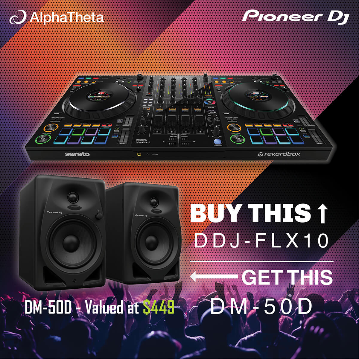 Pioneer DDJ-FLX10 4-Channel Performance DJ Controller for Rekordbox and Serato DJ Pro w/FREE DM-50D Monitors