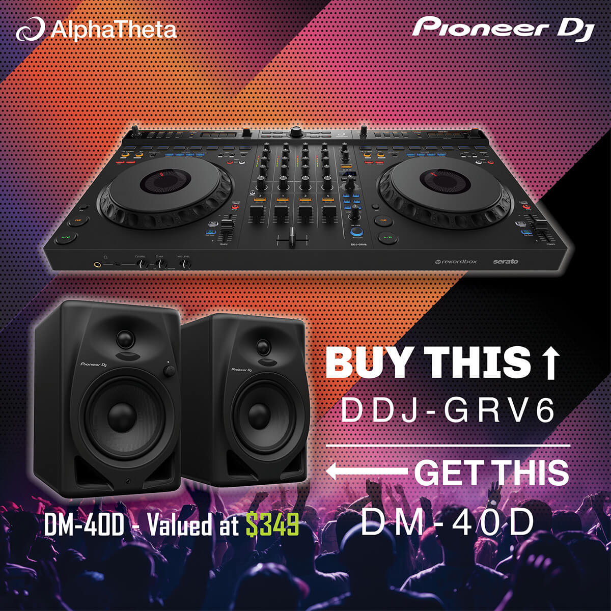 AlphaTheta DDJ-GRV6 4-Channel Performance DJ Controller for Rekordbox & Serato DJ Pro w/FREE DM-40D Monitors