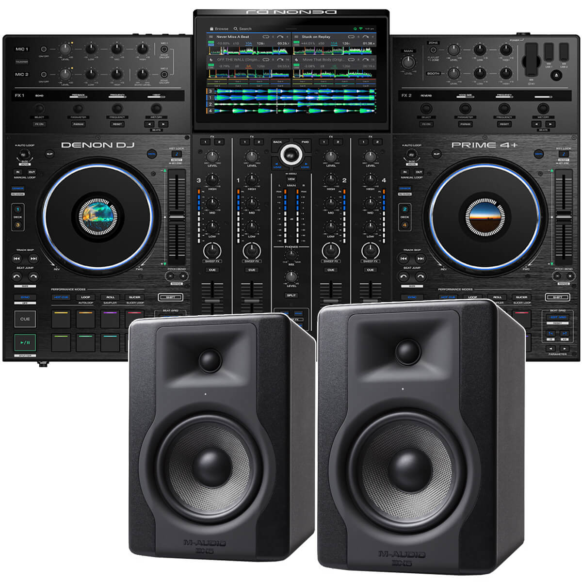 Denon PRIME 4+ Standalone 4-Deck DJ System w/ WiFi, Streaming, 10" Touchscreen + FREE M-Audio BX5D3 Monitors