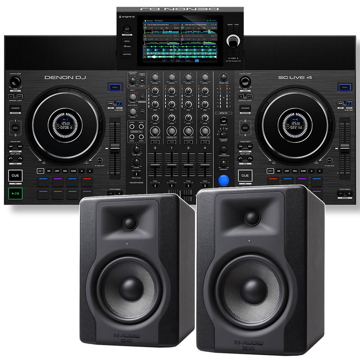Denon SC LIVE 4 4-Deck Standalone DJ Controller w/ 7" Touchscreen, Speakers & Wi-Fi w/FREE M-Audio BX5D3 Monitors