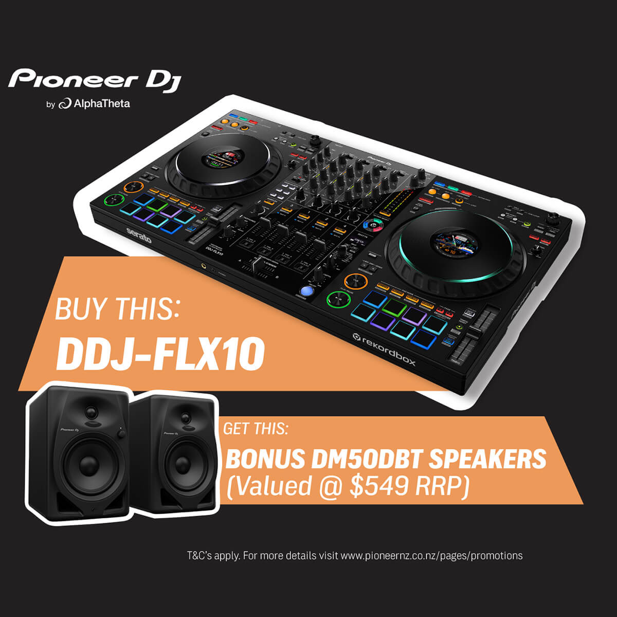 Pioneer DDJ-FLX10 4-Channel Performance DJ Controller for Rekordbox and Serato DJ Pro w/ FREE DM-50D-BT Monitors