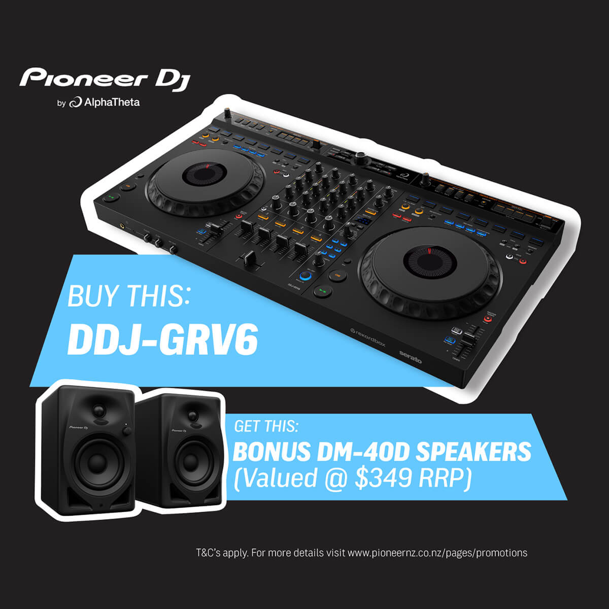 AlphaTheta DDJ-GRV6 4-Channel Performance DJ Controller for Rekordbox & Serato DJ Pro w/ FREE DM-40D Monitors