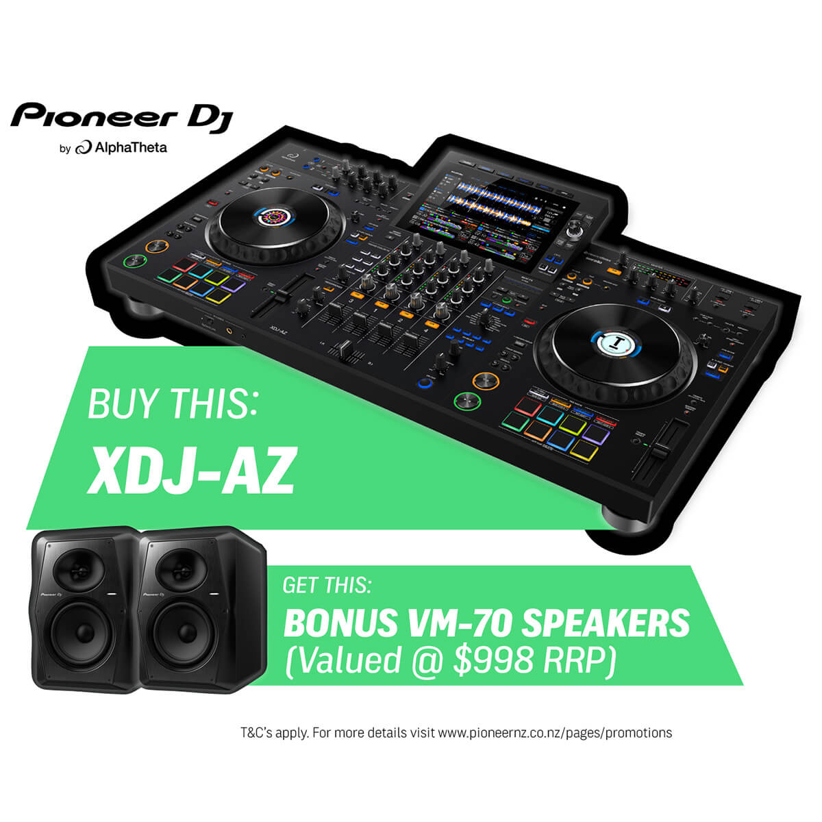 AlphaTheta XDJ-AZ Professional 4-Channel All-In-One DJ System for Rekordbox & Serato DJ Pro w/ FREE VM-70 Monitors