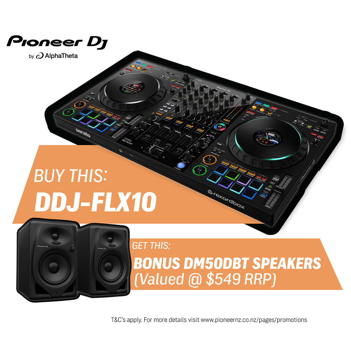 Pioneer DDJ-FLX10 4-Channel Performance DJ Controller for Rekordbox and Serato DJ Pro w/ FREE DM-50D-BT Monitors