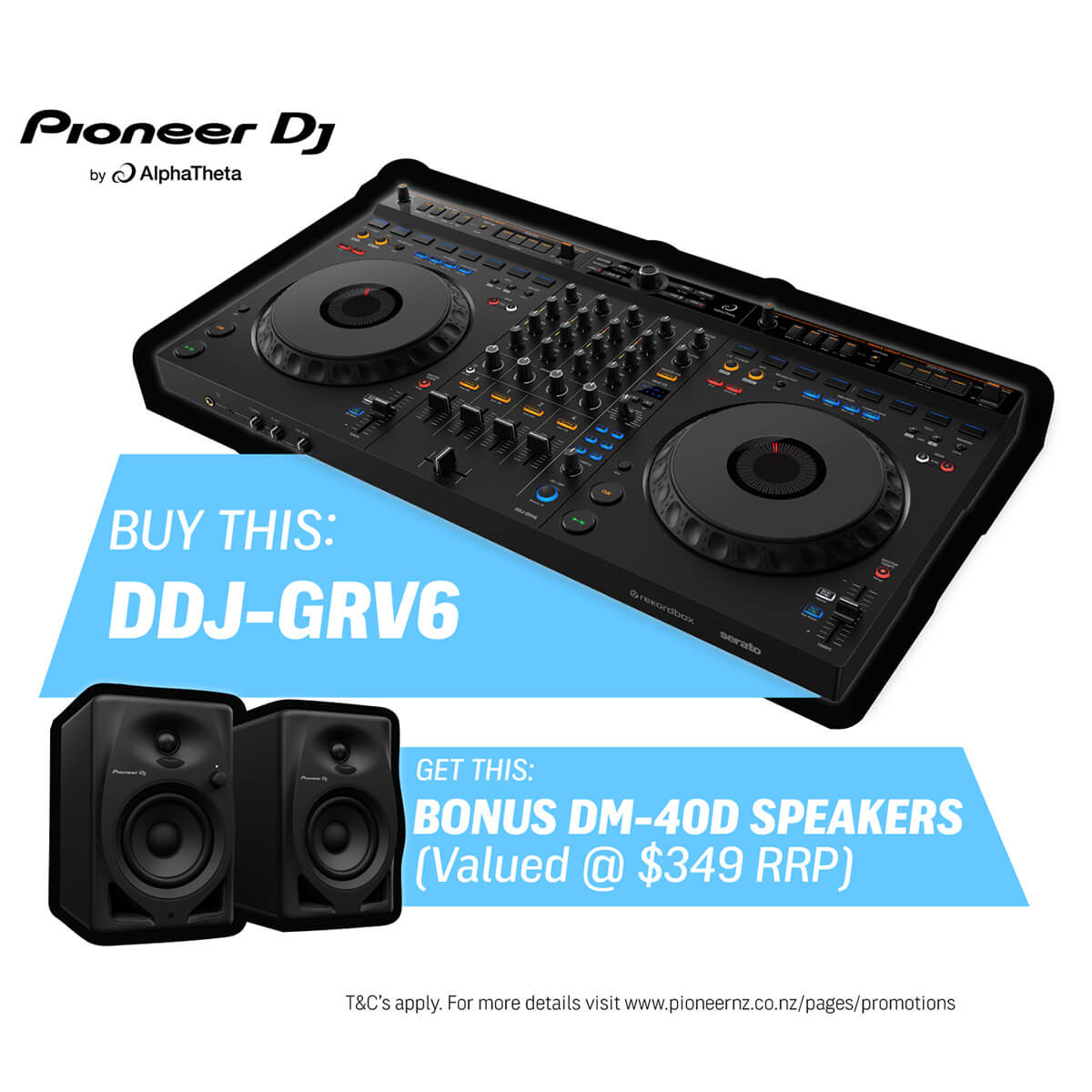 AlphaTheta DDJ-GRV6 4-Channel Performance DJ Controller for Rekordbox & Serato DJ Pro w/ FREE DM-40D Monitors