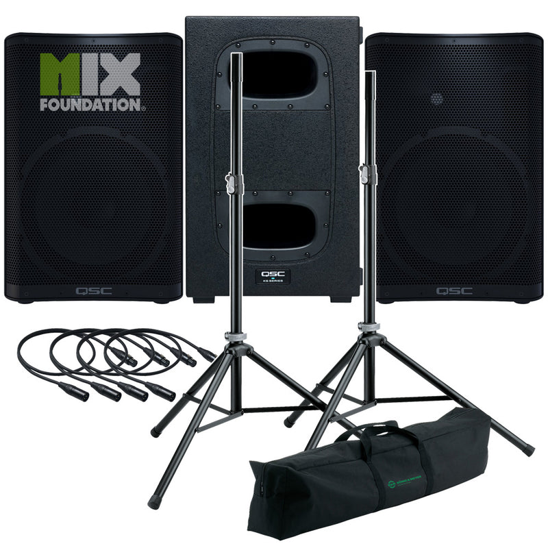 QSC CP12 + KS112 | 4KW Powered 12" Speakers with Powered 12" Sub & Stands Package System 2